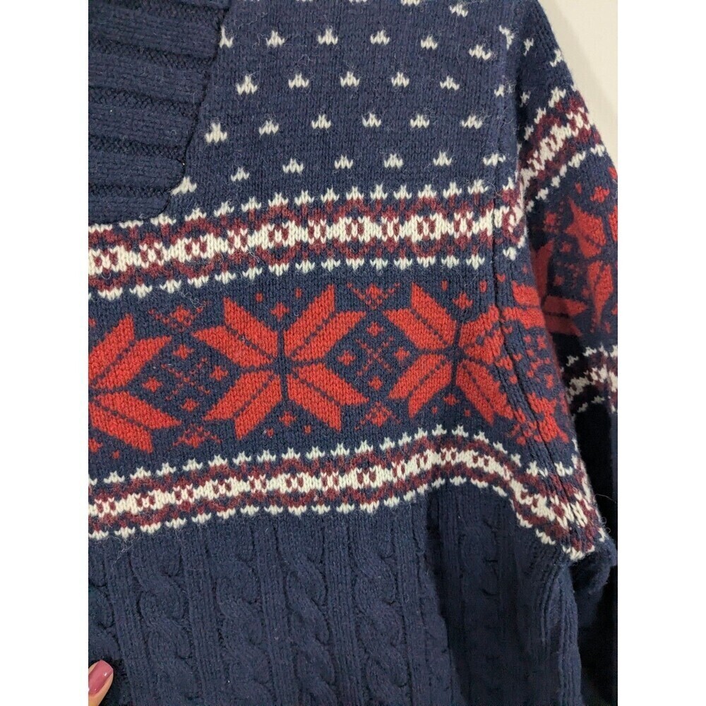 Lands End Men's Lambswool Cable Knit Fair Isle Sweater Navy Shawl Collar Sz XL - Picture 5 of 10